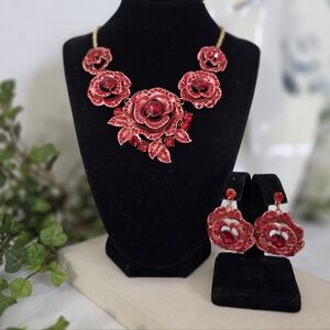 Statement Gold With Red Rose Flower Rhinestone Necklace and Earrings Set
